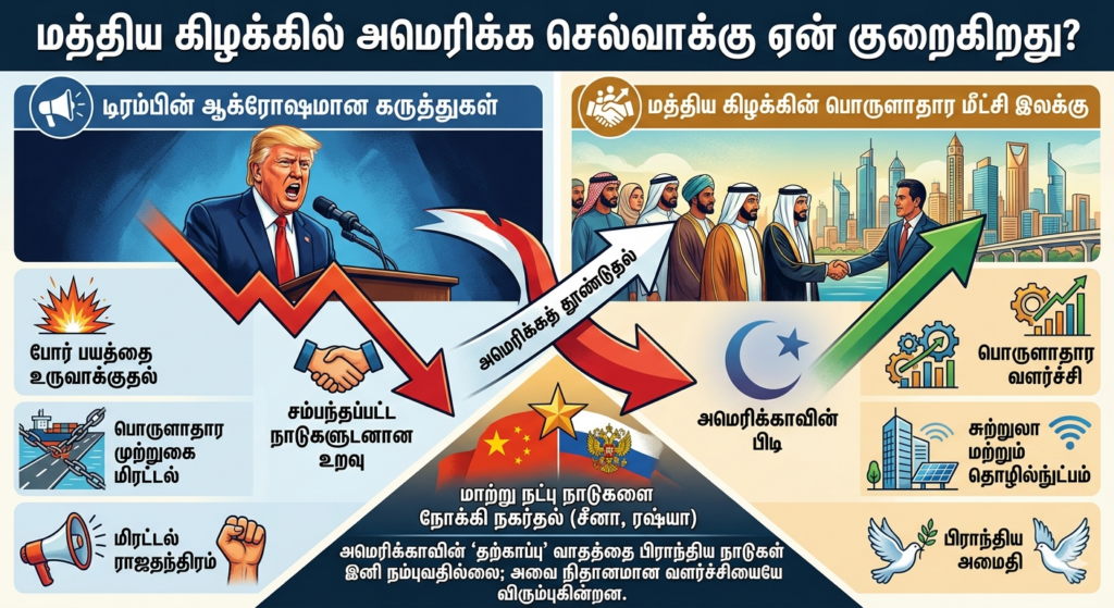  அமைதியை விரும்பும் மத்திய கிழக்கில், டிரம்ப் ஈரான் மீது கடற்படை முற்றுகை அல்லது தாக்குதல் குறித்து பேசும்போது, அது ஈரானை மட்டும் பாதிக்காது; ஒட்டுமொத்த வளைகுடா நாடுகளின் வளர்ச்சியை பாதிக்கும்    , இந்த மிரட்டல் போக்கு அமெரிக்க மீதான நம்பிக்கையை சிதறடித்துவிட்டது 